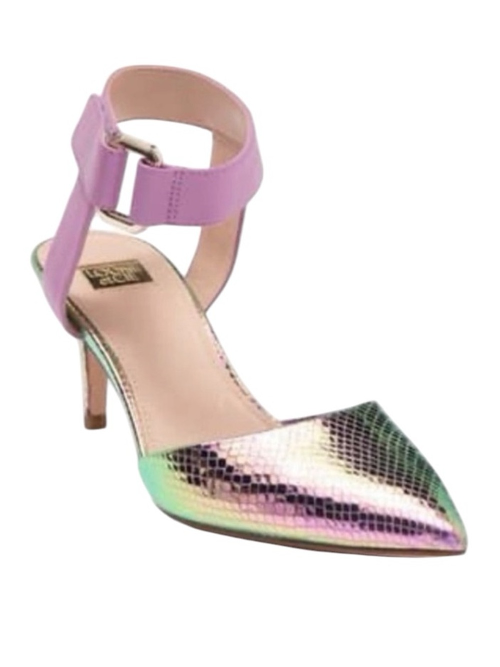 Louise et Cie Grettah Metallic Snake Skin Ankle Strap Heels Pointed Toe